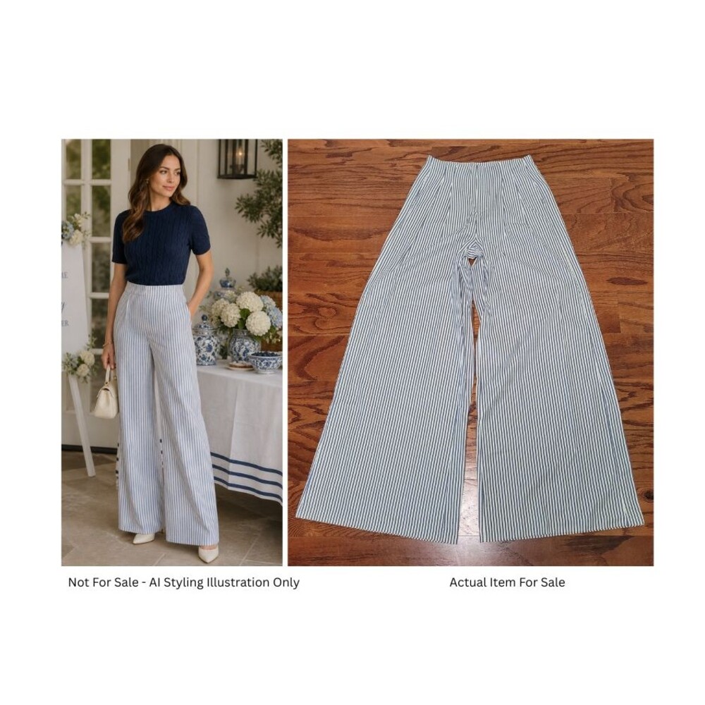 50s Retro High Waist Wide Leg Pant Blue White Stripe Women S Nautical Preppy NEW